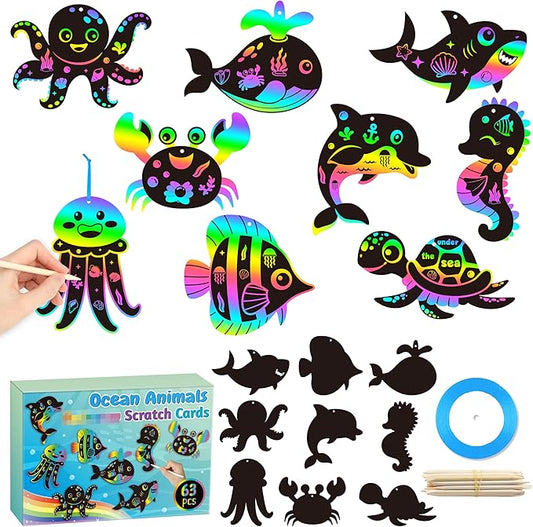 CY2SIDE Ocean Animals Scratch Cards - 63PCS DIY Under The Sea Magic Art Rainbow Color Craft Scratch Kit for Kids Dolphin Tortoise Scratch Card Art Kit for Kids Birthday Party Favors School Activity