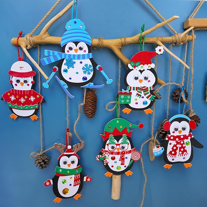 Winlyn 24 Sets Christmas Craft Kits Winter Crafts DIY Christmas Penguin Ornaments Decorations Art Sets Foam Penguin Christmas Stickers for Kids Holiday Festive Home Classroom Activities Party Favors