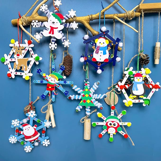 Winlyn 24 Sets Christmas Craft Kits Winter Crafts Popsicle Stick Snowflake Ornaments Decorations Art Sets Craft Stick Snowflake Christmas Stickers for Kids Holiday Classroom Activities Party Favors