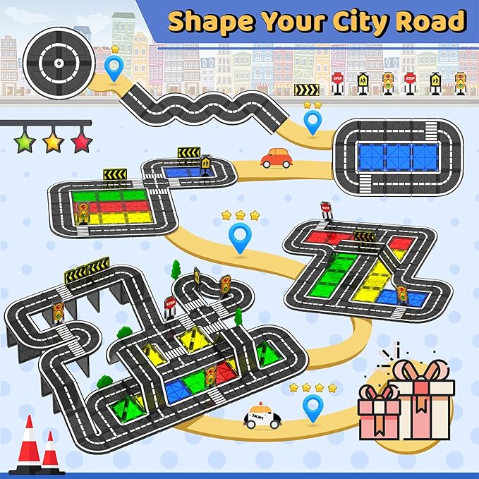 Magnetic Tiles - Road Set, Magnetic Building Blocks, Preschool Montessori Toys Gift for 3+ Year Old Boys and Girls, Sensory Travel Toys for Kids Aged 3-5 and 4-8, Ideal for Toddler with Autism