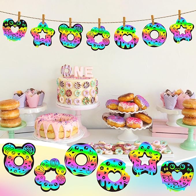 CY2SIDE Donut Craft Scratch Cards - 60PCS Doughnut Ornament Scratch Crafts Card Gift Set for Kids Sweet Candy Magic Art Rainbow Color Craft Scratch Kit for Kids Birthday Party Favors School Activity
