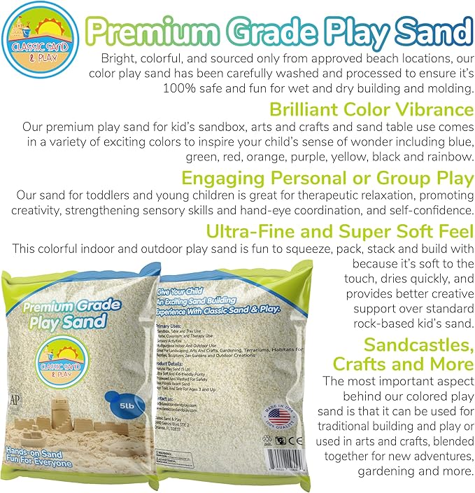 Classic Sand and Play Sand for Sandbox, Table, Therapy, and Outdoor Use, 5 lb. Bag, Natural, Non-Toxic, Wet Castle Building for Creativity and Stimulates Sensory Skills
