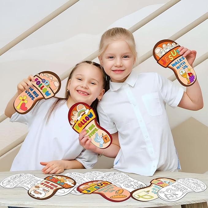 Dvbonike 24Pcs Sunday School Crafts for Kids Color Your Own Jesus Walks with Us Craft Kit Christian Religious Footprint Coloring Card DIY Drawing Party Gifts VBS Home Classroom Art Activity Supplies