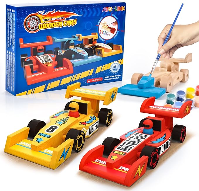 Atoylink DIY Wooden Cars Crafts for Kids Easy Assemble & Paint Your Own Race Cars 3 Pack Model Car Kits Woodworking Arts and Crafts for Boys Girls Gifts
