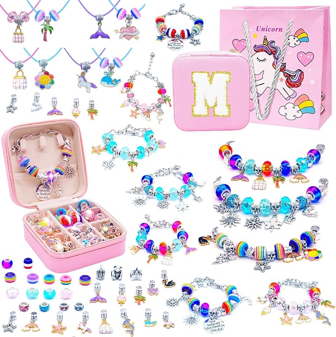 SUREHOME Charm Bracelet Making Kit Unicorn Girls Toys Age 6-8 Kids Jewelry Making Kit with Box Art Crafts for Girls 8-12 Personalized Birthday Gifts for 5-7 8 9 10 11 Year Old Girls Christmas Stuff -M