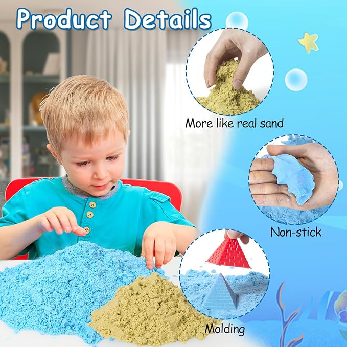 Sensory Bins, Ocean Mermaid Sensory Bin Toys Sand Box for Kids Ages 3 4 5 6 7 8 9 Include 2.64lbs Magic Sand, 6 Castle Mould, 4 Mermaids, 30 Sea Animals- Toddlers Play Sand Art Kits