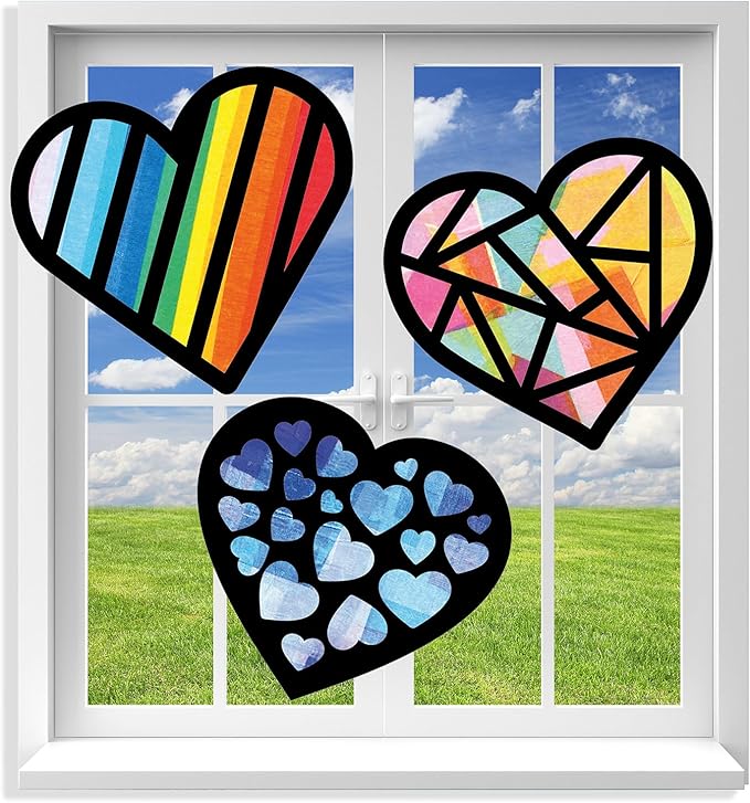 VHALE Suncatchers Craft 3 Sets (9 Cutouts) w Tissue Papers Stained Glass Effect Paper Sun Catcher Kit, Window Art, Classroom Crafts, Creative Art Projects, Kids Party Favors (Valentine Heart)