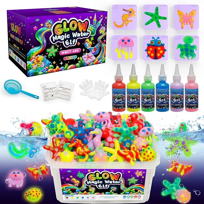 Kiditos Glow in The Dark Magic Water Elf Toy Kit, Magic Aqua Fairy Water Gel Kit with 6 Glow Colors and 6 Molds. Christmas Gifts, Birthday Gifts, Party Favors, Arts & Crafts DIY STEM for Kids