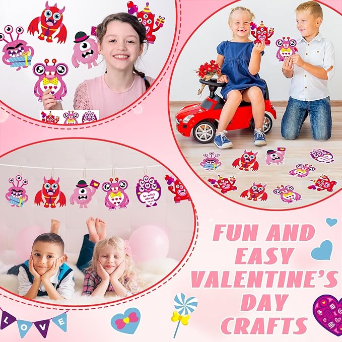 Qyeahkj 36 Sets Valentine's Day Monster Craft Kits for Kids DIY Valentines Monster Ornament Craft Sets Hanging Valentines Day Paper Card Gifts for Valentine Spring Party Class Activity Game Toys