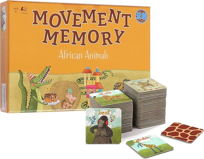 Movement Memory Game for Toddlers 2-4 Years – Educational Matching Game w/ African Animals - Memory Card Game with 28 Sets - Memorize and Match - Exercise & Improve Memory, Focus & concentration