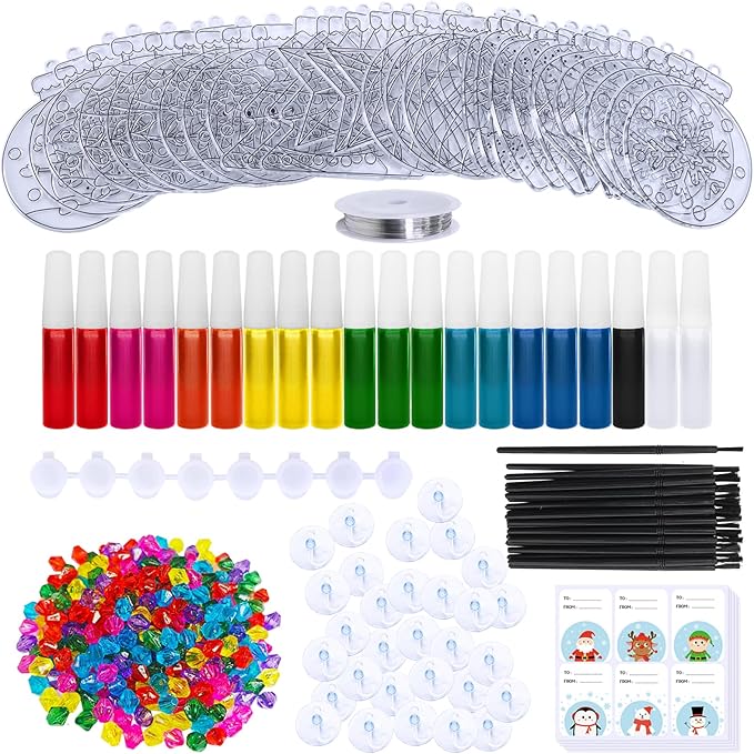 Winlyn 30 Sets Christmas Bauble Suncatcher Ornaments DIY Window Paint Art Suncatchers Craft Kits Winter Christmas Ball Sun Catchers for Kids Holiday Classroom Party Decorations Art Project