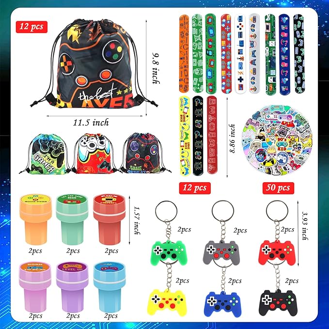 98 Pcs Video Game Party Favors Gifts Set Include Gamer Party Favor Stickers Stamps Keychains Slap Bracelets and Drawstring Bags Party Decorations for Kids Video Game Birthday Party Favors Supplies