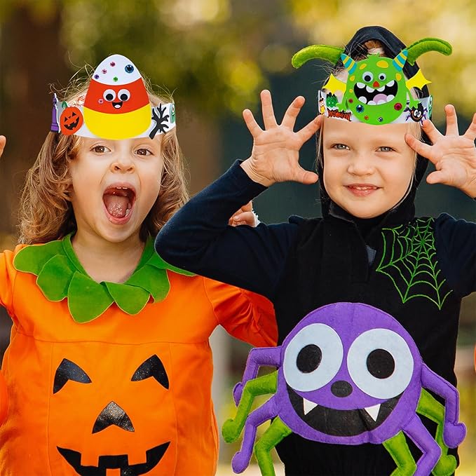 Winlyn 24 Sets Halloween Headbands Craft Kits Crown Art Sets Jack-o'-lantern Candy Corns Ghost Monster Bat Paper Hat with Halloween Foam Stickers for Kids Halloween Classroom Activities Party Favors