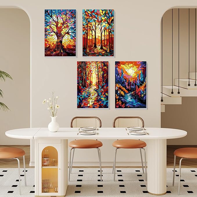 MISCER 4 Pack Paint by Numbers for Adults Beginner, Trees Paint by Number Kits with Easel, DIY Acrylic Oil Painting Suitable for Home Decoration (8 * 12 Inch)