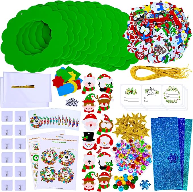 Winlyn 12 Sets Christmas Craft Kits Holiday Crafts DIY Christmas Wreath Ornaments Decorations Art Sets Xmas Snowmen Snowflake Festive Winter Foam Stickers Arts and Crafts for Kids Classroom Activities