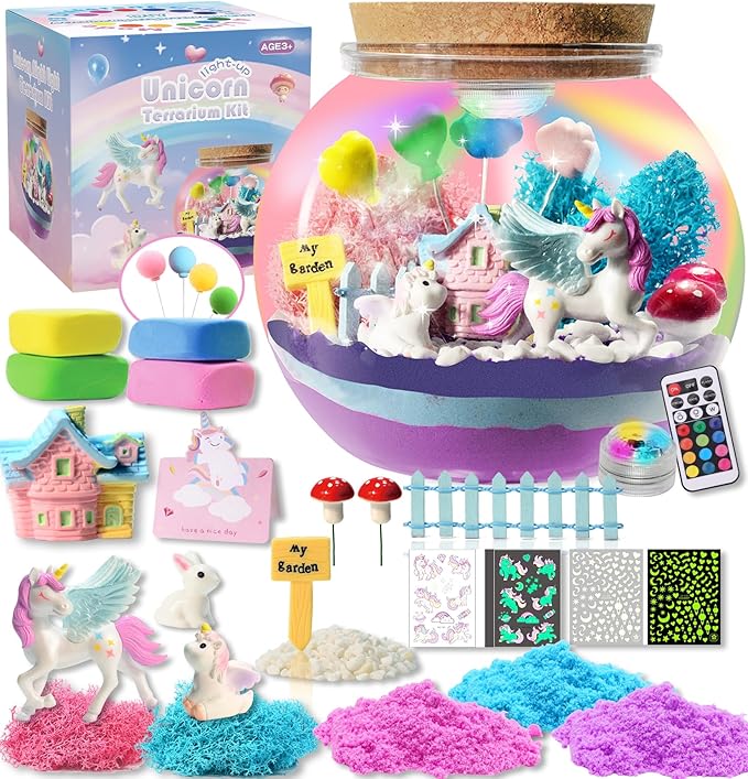 Unicorn Light Up Terrarium Kit for Kids - Birthday Gifts for Girls Ages 4 5 6 7 8-12 Year Old - Arts and Crafts for Girls - LED Night Light Bedroom Decor -Christmas Gifts for Girls