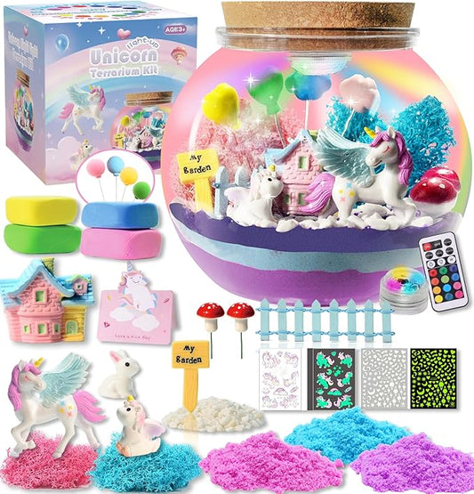 Unicorn Light Up Terrarium Kit for Kids - Birthday Gifts for Girls Ages 4 5 6 7 8-12 Year Old - Arts and Crafts for Girls - LED Night Light Bedroom Decor -Christmas Gifts for Girls
