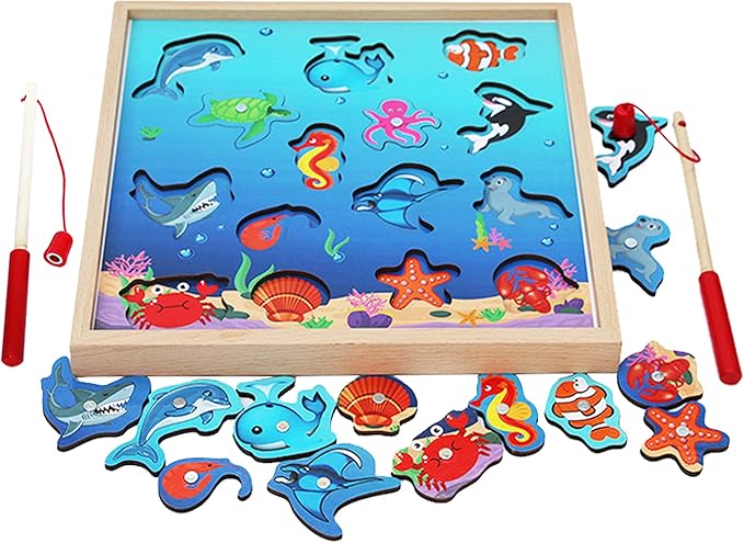 TOWO Wooden Fishing Game-Magnetic Fishing Puzzles with Numbers Jigsaw Puzzle- Sea Creatures Kids Fishing Game Educational Toys for 3 Years Old Math Toy Montessori Materials