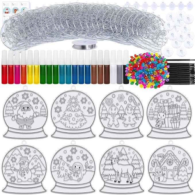 Winlyn 24 Sets Christmas Snow Globe Suncatcher Ornaments DIY Window Paint Art Suncatchers Craft Kits Winter Christmas Snow Globe Sun Catchers for Kids Holiday Classroom Party Decorations Art Project