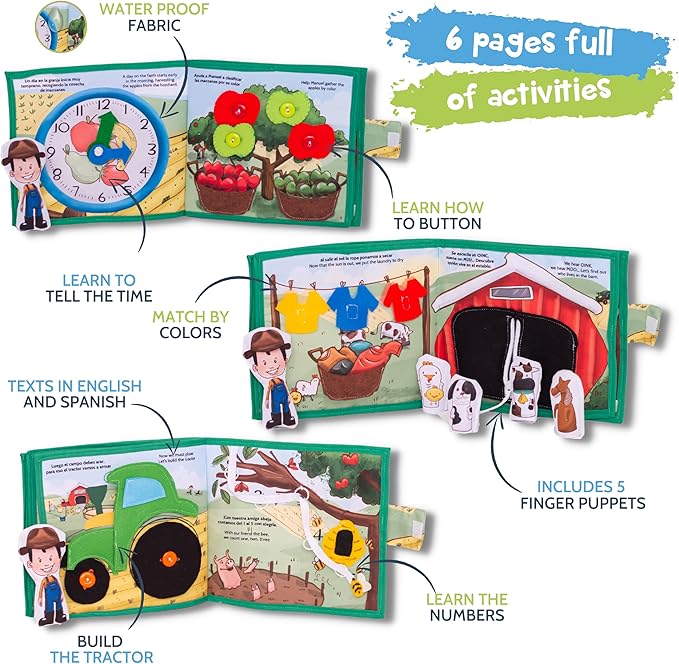 Bilingual Quiet Book for Toddlers | Written in English and Spanish | 5 Finger Puppets and 1 Plush Toy Included | Montessori Inspired for Toddlers | Carry on Travel Toy | Libros en Español para Niños.