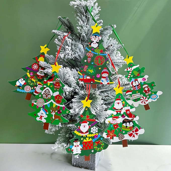 Winlyn 48 Sets Christmas Tree Ornaments Decorations Art Sets DIY Christmas Craft Kits Winter Crafts Pine Tree Snowman Snowflake Santa Xmas Stickers for Kids Holiday Classroom Activities Party Favors