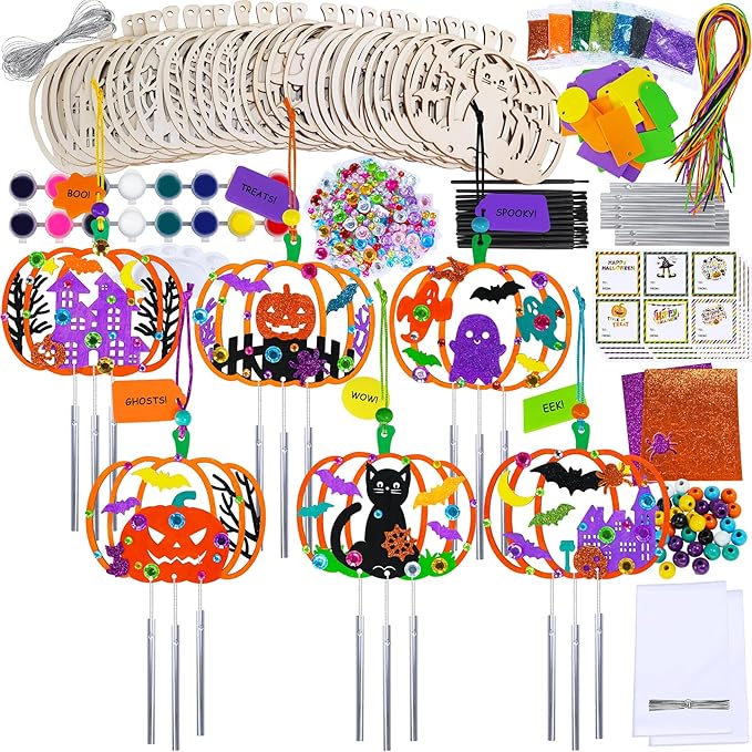 Winlyn 24 Sets Halloween Crafts Fall Pumpkin Crafts DIY Unfinished Paintable Wooden Pumpkin Wind Chimes Ornaments Craft Kits for Kids Classroom Activities Art Project Halloween Decoration Party Favors
