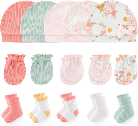 Newborn Baby Boy Girl Caps Mittens Socks Set Cotton Baby Essentials Accessories (Hats+Gloves+Socks)