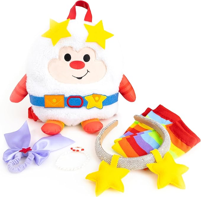 Rainbow Brite 6-Piece Set with adjustable Plush Backpack, Sparkle Star Headband, Rainbow Arm Warmers, Purple Bow Hair Tie, Sprite Bracelet. One size/Adults, Kids. Great for costumes, cosplay, dress up