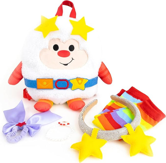 Rainbow Brite 6-Piece Set with adjustable Plush Backpack, Sparkle Star Headband, Rainbow Arm Warmers, Purple Bow Hair Tie, Sprite Bracelet. One size/Adults, Kids. Great for costumes, cosplay, dress up