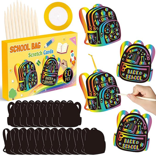 B1ykin School Bag Scratch Cards Gift - Back to School Magic Bag Scratch Paper Art Kit for Kids, DIY First Day of School Scratch Off Hanging Card Party Favors for Classroom Activity Art Project