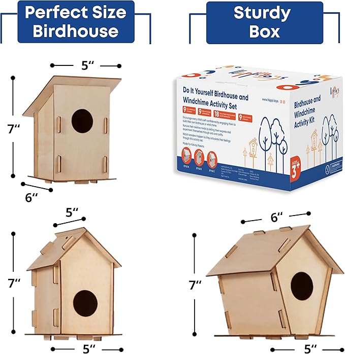 9 Wooden Birdhouses & 9 Wind Chimes -Art & Crafts for Kids Ages 4 5 6 7 8 - Kids Bulk Arts and Crafts Set with Painting Kit -DIY Wood Bird House and Windchimes Kits for Boys Girls to Build & Paint