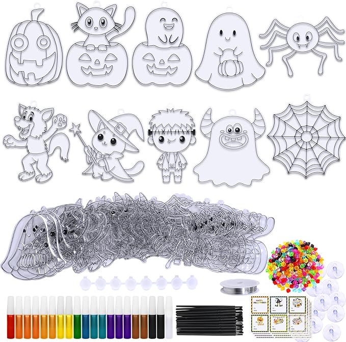 Winlyn 30 Sets Halloween Suncatchers Ornaments Decorations DIY Window Paint Art Suncatchers Halloween Craft Kits Jack-O'-Lantern Ghost Spider Sun Catchers for Kids Classroom Activities Art Project