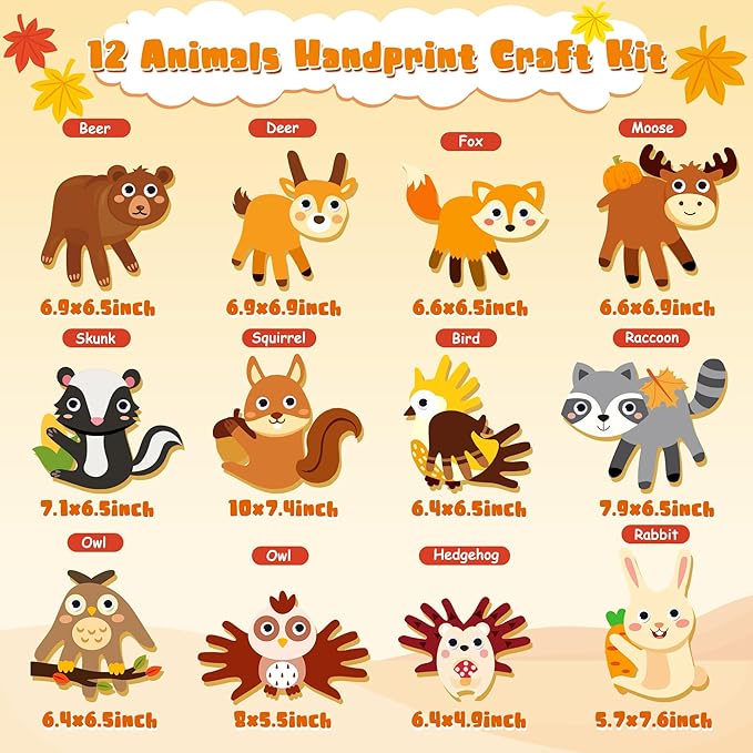 WATINC 12Pcs Woodland Animal Handprint Art Craft, Rabbit Hedgehog Owl Easy DIY Kit, Forest Animals Themed Arts Supplies Preschool Classroom Hand Print Activity Party Favors