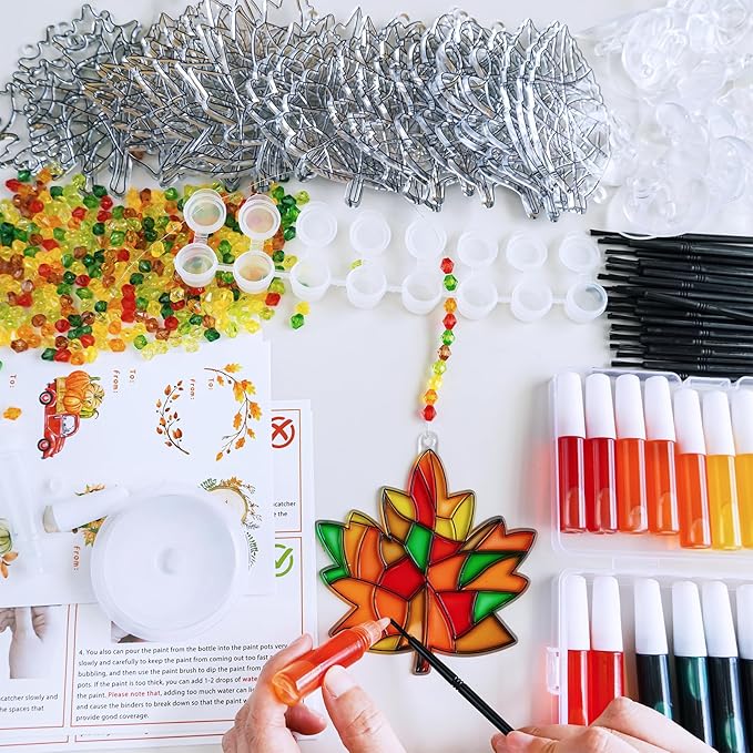 Winlyn 27 Sets Fall Leaf Suncatchers Ornaments DIY Window Paint Art Fall Craft Kits Maple Leaf Sun Catchers Painting Kits for Kids Classroom Activities Art Project Thanksgiving Autumn Party Decoration