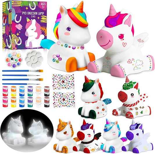 FUNZBO 2Pcs Paint Your Own Unicorn Lamp Kit - Arts and Crafts Supplies Painting Kits for Kids Teens Adults, DIY Night Light Toys for Girls Boys Ages 3 4 5 6 7 8 9 10 11 12 Easter Birthday Gift
