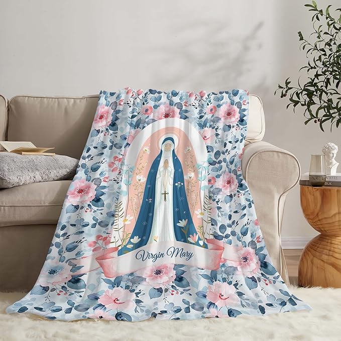 Virgin Mary Throw Blanket Christian Religious Faith Prayer Scripture Spiritual Catholic Gifts for Adults Women Men Soft Cozy Warm Plush Fluffy Fuzzy Fleece Blanket Decor 40''X50''