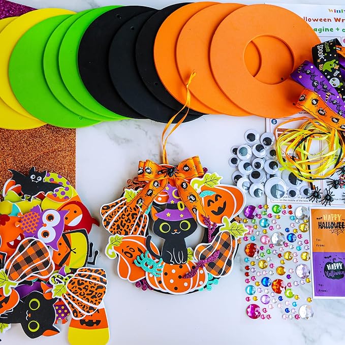 Winlyn 12 Sets Halloween Craft Kits Fall Crafts DIY Halloween Wreath Decorations Art Sets Pumpkin Monster Candy Corn Spider Bat Arts and Crafts Halloween Foam Stickers for Kids Classroom Activities