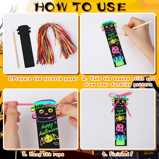 AUGSUN 96Pcs Halloween Scratch Bookmarks, Cute Pumpkin Bat Spider DIY Crafts Kit Rainbow Magic Scratch Paper Art School Classroom Activity Halloween Party Favors