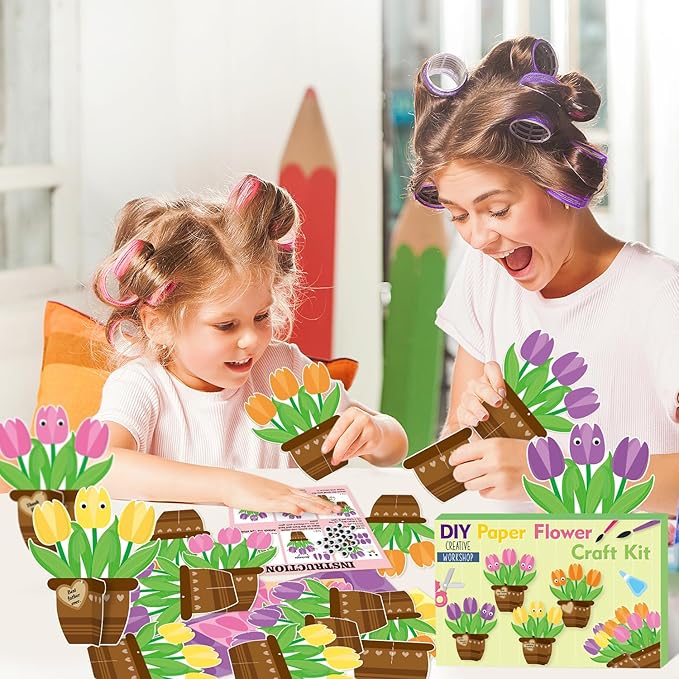 WATINC 28 Pack Tulips Flower Craft Kit, Make Your Tulips Craft Appreciation Gift with Greeting Tags, DIY Thankful Flowers Decor for Home School Party Classroom Art Activitie