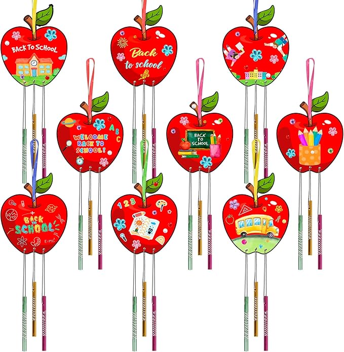 Fennoral 9 Pack Wind Chime Kit for Kids Make Your Own Apple Wind Chime for Girls Boys Back to School Craft DIY Paint Apple Craft for First Day of School Ornaments Classroom Decoration Art Activity