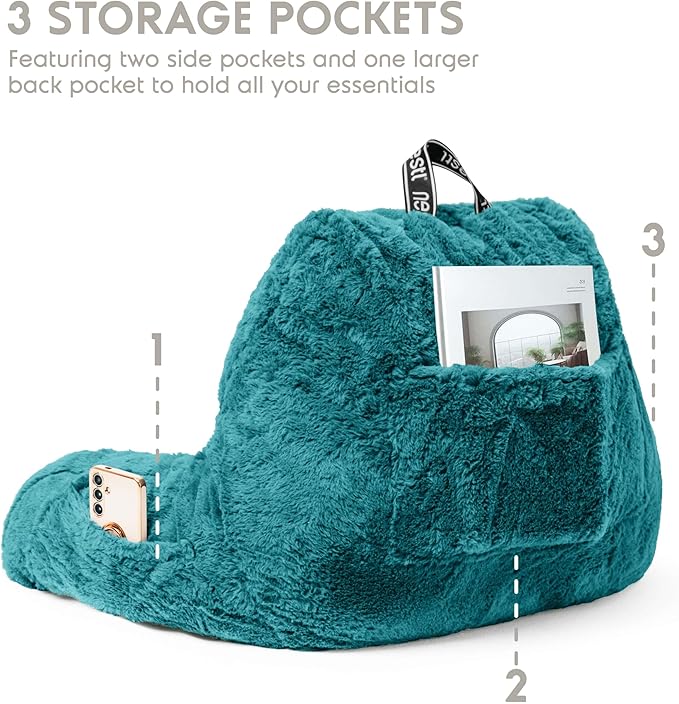 Nestl Fur Reading Pillow, Stylish Back Pillow for Bed Sitting Up, Faux Fur Bed Chair Pillow with Arms, Reading Pillows for Sitting in Bed Adult & Kids, Sit Up Back Support Pillow for Bed Rest - Teal