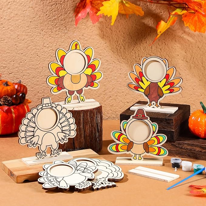 Jetec 12 Sets Thanksgiving Turkey Craft for Kids Color Your Own Thanksgiving Wooden Picture Frame Craft DIY Thanksgiving Turkey Wood Decorations Craft for Classroom Home Activities Party Favor Gifts