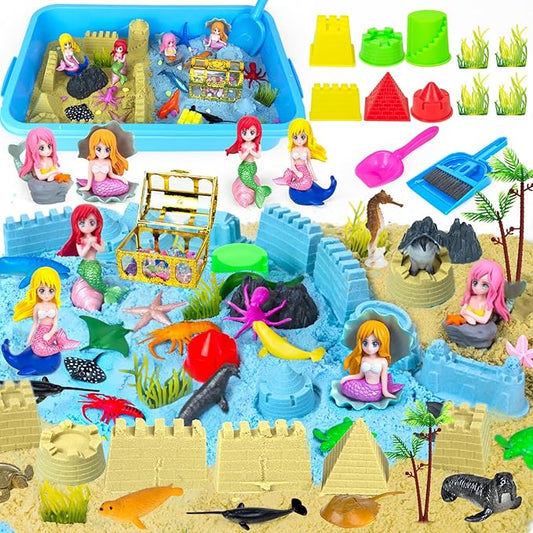 Sensory Bins, Ocean Mermaid Sensory Bin Toys Sand Box for Kids Ages 3 4 5 6 7 8 9 Include 2.64lbs Magic Sand, 6 Castle Mould, 4 Mermaids, 30 Sea Animals- Toddlers Play Sand Art Kits