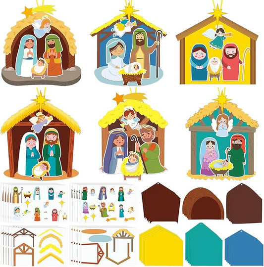 ReliThick 30 Sets Nativity Scene Craft Kit for Kids Nativity Crafts Stick Ornament Religious Crafts Kit Christian Christmas Tree Ornament Crafts with Rope for Kids Classroom Party Favors Supplies