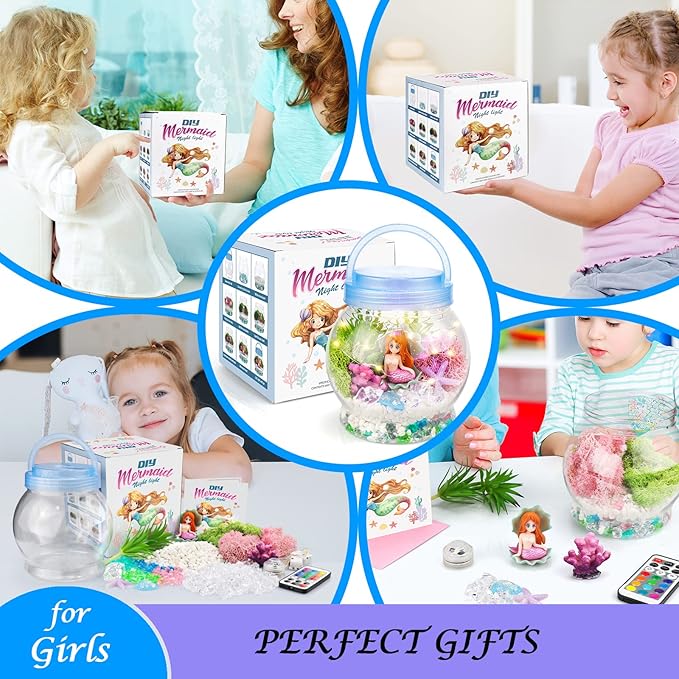 DIY Light-Up Mermaid Terrarium Kit for Kids, 3 Light Modes Mermaid Toys & Activities Kits Presents, Arts & Crafts Mermaid Gifts for Girls Age 4 5 6 7 8-12 Years Old, Birthday Gift, Bedroom Decor