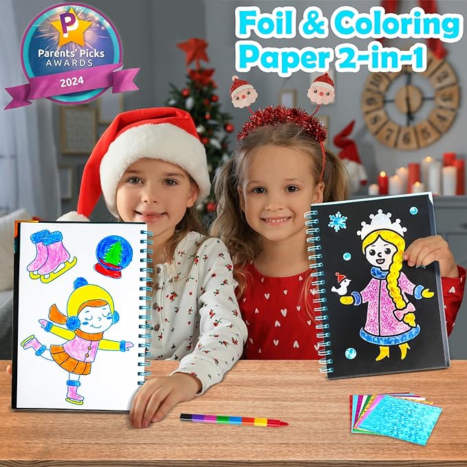 Foil Art Craft Activity for Kids: Fun DIY Toy Sticker Kit, No Mess Creative Travel Supply Set, Idea Birthday Easter Basket Stuffers Valentines Gift for Girl Boy Toddler 4 5 6 7 8 9 Year Old (Winter)