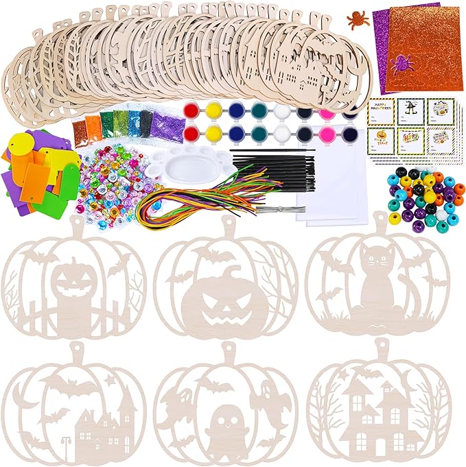Winlyn 24 Sets Halloween Pumpkin Craft Kits DIY Wooden Pumpkin Ornaments Craft Kits Unfinished Paintable Wood Pumpkin Halloween Crafts for Kids Classroom Activities Art Project Halloween Decorations