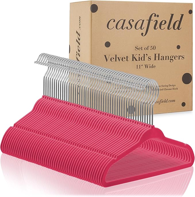 Casafield 50 Velvet Baby Hangers - 11" Size for Infant & Toddler Clothes - Pink