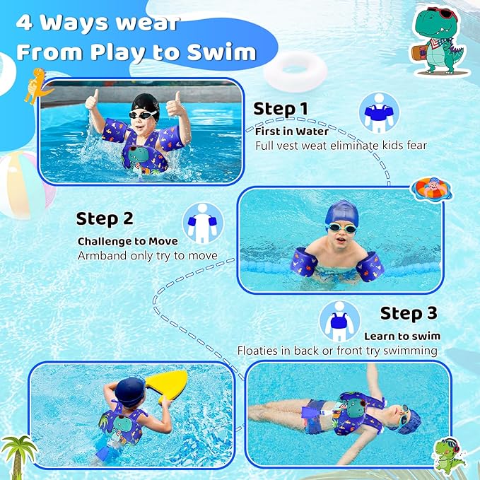 Vvinca Separable Toddler Swim Vest Fit 22-66 Lbs（1-6 Years）|2025 Newest 3 in 1 Pool Float & Arm Bands Boys and Girls, Adjustable Sturdy Safety for Infant 1 2 3 4 5 6 Year