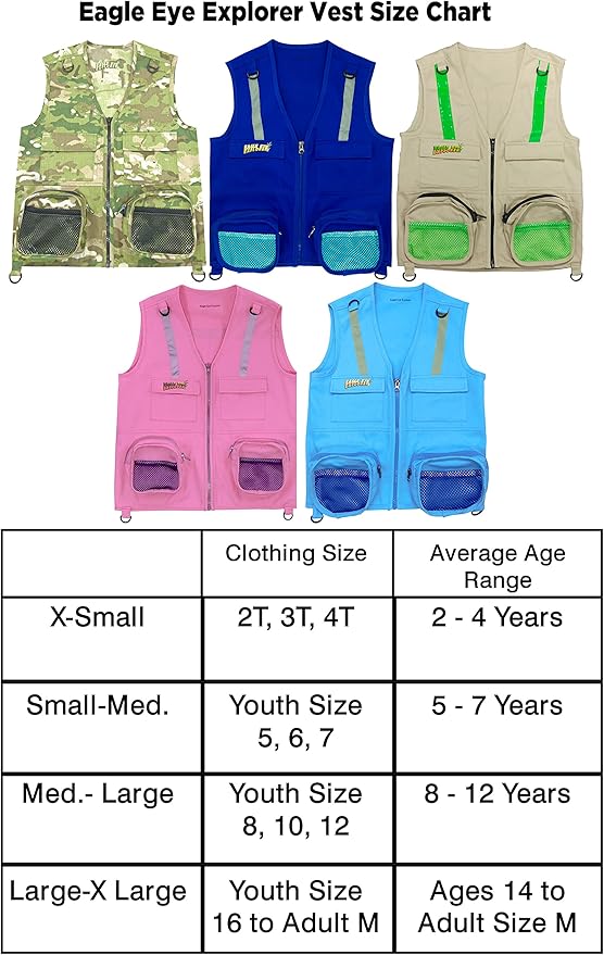 M/L Combination Set Fits Youth Sizes 8-12: 1 Light Blue Cargo Vest for Kids with Reflective Safety Straps & 1 Floppy Bucket Sun Hat with Chin Strap. Color: Light Blue